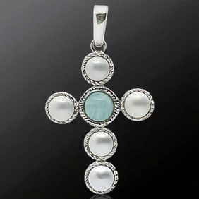 Spiritual Sterling Silver Cross with Larimar & Freshwater Pearl