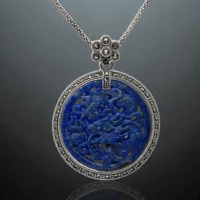 Caved Dragon Dragon Lapis Medallion with Marcasite accents