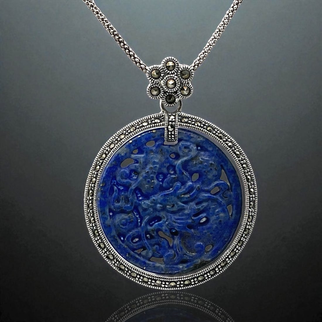 Caved Dragon Dragon Lapis Medallion with Marcasite accents (1 of 1)