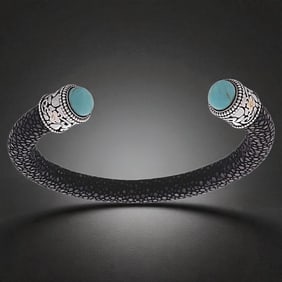 Eel Skin Cuff Bangle with Turquoise ends - 6"