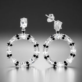 Majestic 10.8 Cttw White Topaz & Black Spinel Sterling Silver Hoop Earrings