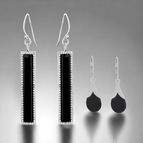 Two pairs of Black Agate Sterling Silver Earrings! One pair is surronded by sparkling White Topaz