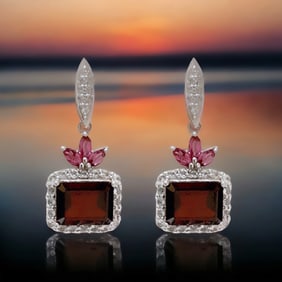 Graceful Emerald Cut Garnet Sterling Silver Earrings with White Topaz & Rhodolite Garnet accents