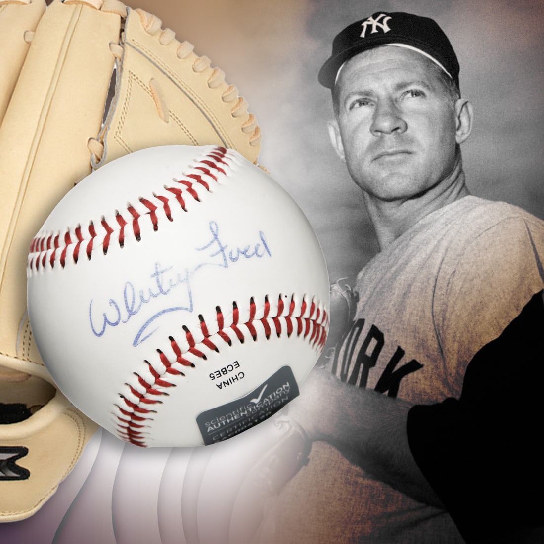 Whitey Ford Autograph Baseball: Whitey Ford was the "money pitcher" on the great Yankee teams of the 1950s and early 1960s, earning Him the moniker "Chairman of the Board." The wily Southpaw's lifetime record of 236-106 gives him th