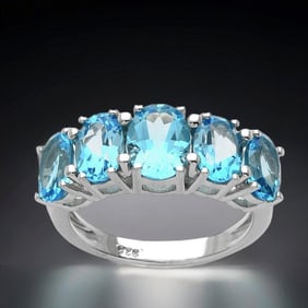 Stunning Swiss Blue Topaz 5-Gemstone Ring set in Sterling Silver - Size 7