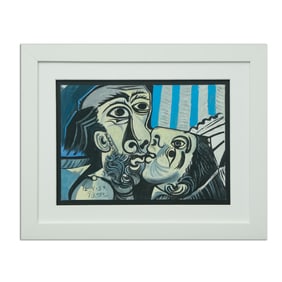 Pablo Picasso, "Man with Beard Kissing Brunette" (12.4.59) - Mixed Media on Paper (after)