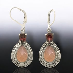 Elegant Rose Quartz Sterling Silver Earrings with Deep Red Garnet and Sparkling Marcasite Accents