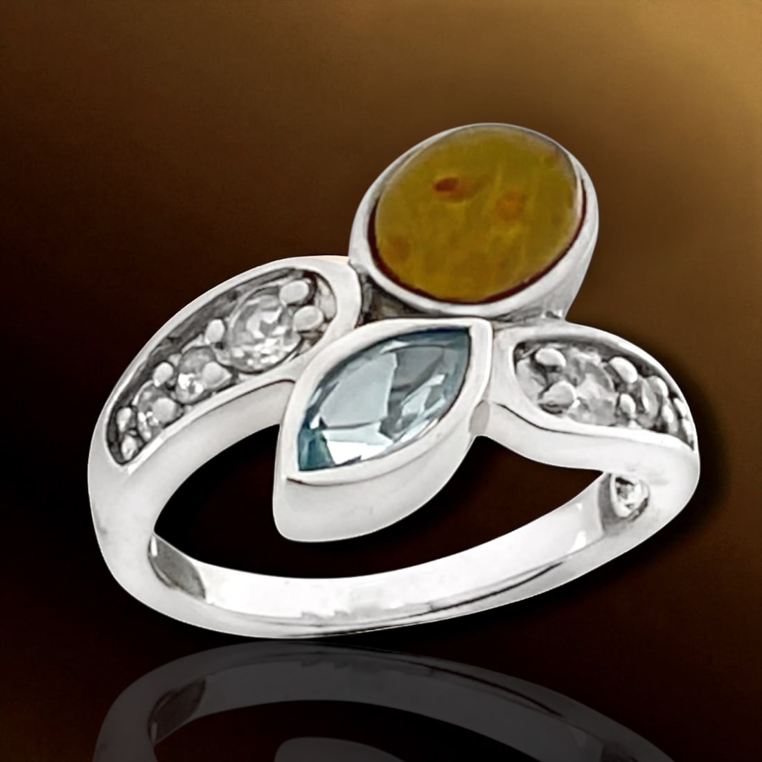 Amber, Sky Blue Topaz, & White Zircon Silver Ring - Size 7 (1 of 1)