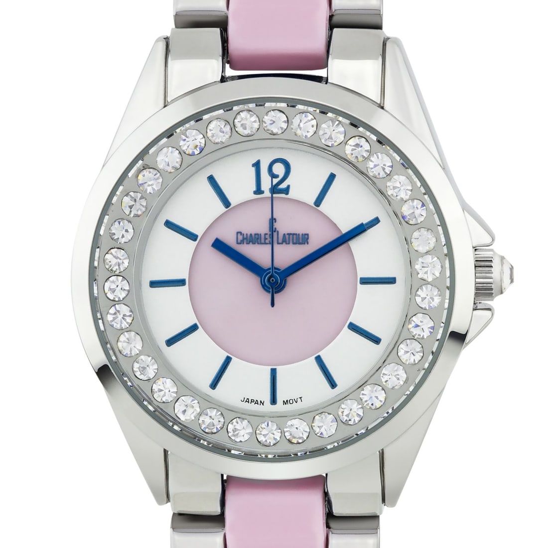 Charles Latour 34mm Case Crystal Bezel Ladie Watch: The Charles Latour has a sleek 34mm case with stunning Czech crystals surround the outer chapter ring. A mirror finish arabic numeral at 12, and a pearlized dial core compliment the variaty of colors 