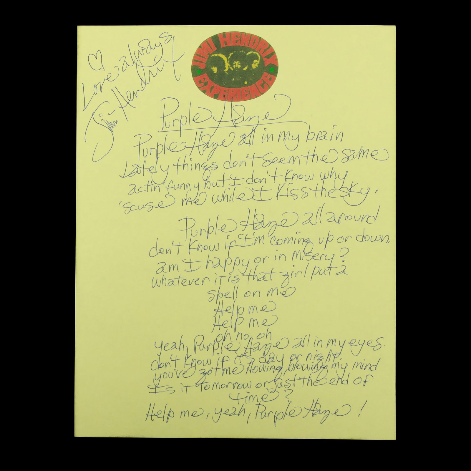 Jimi Hendrix Signed & Handwritten "Purple Haze" Lyrics Page, Forensically Authenticated (1 of 5)