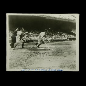 Joe DiMaggio Signed Black and White Photograph — Last Hit of the 56-Game Hit Streak