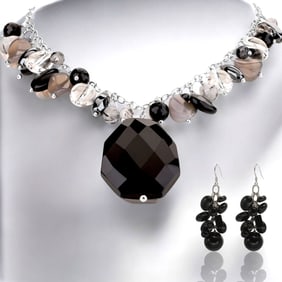 20" Black Onyx, Rutilated Quartz, & Crystal Quartz Necklace with Black Agate