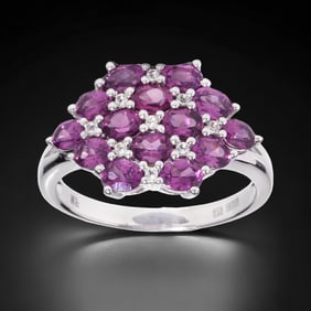 14 Radiant Purple Garnet Gemstones & White Topaz Accents in Sterling Silver Ring - Size 8