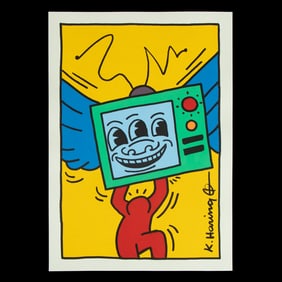 Keith Haring Mixed Media: Winged Television with Surreal Motif (after)
