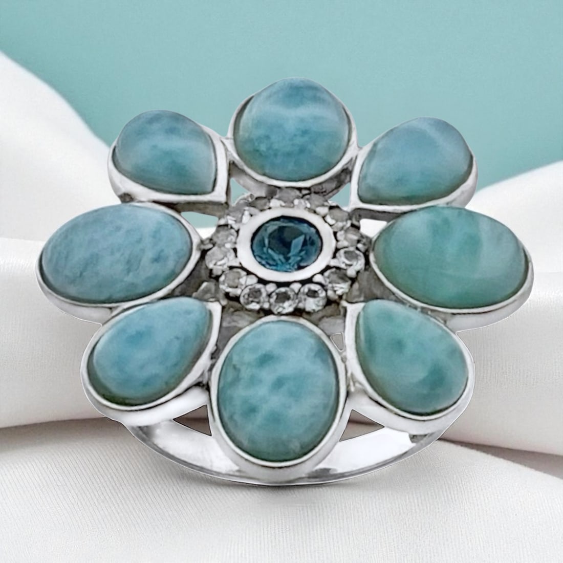Sterling Silver Larimar & Blue Topaz Flower Ring - Size 7.25 (1 of 1)