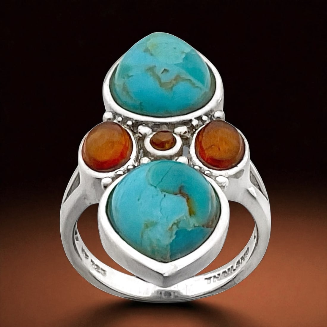 Southwest Turquoise & Hessonite Garnet Sterling Silver Ring - Size 6 (1 of 1)