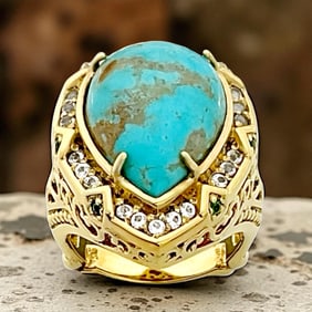 Vermeil Kingman Turquoise with Chrome Diopside & White Topaz Ring - Size 6.25