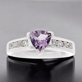 Trillion Amethyst centerstone on a Sterling Silver Ring adorned with sparkling White Topaz - Size 7