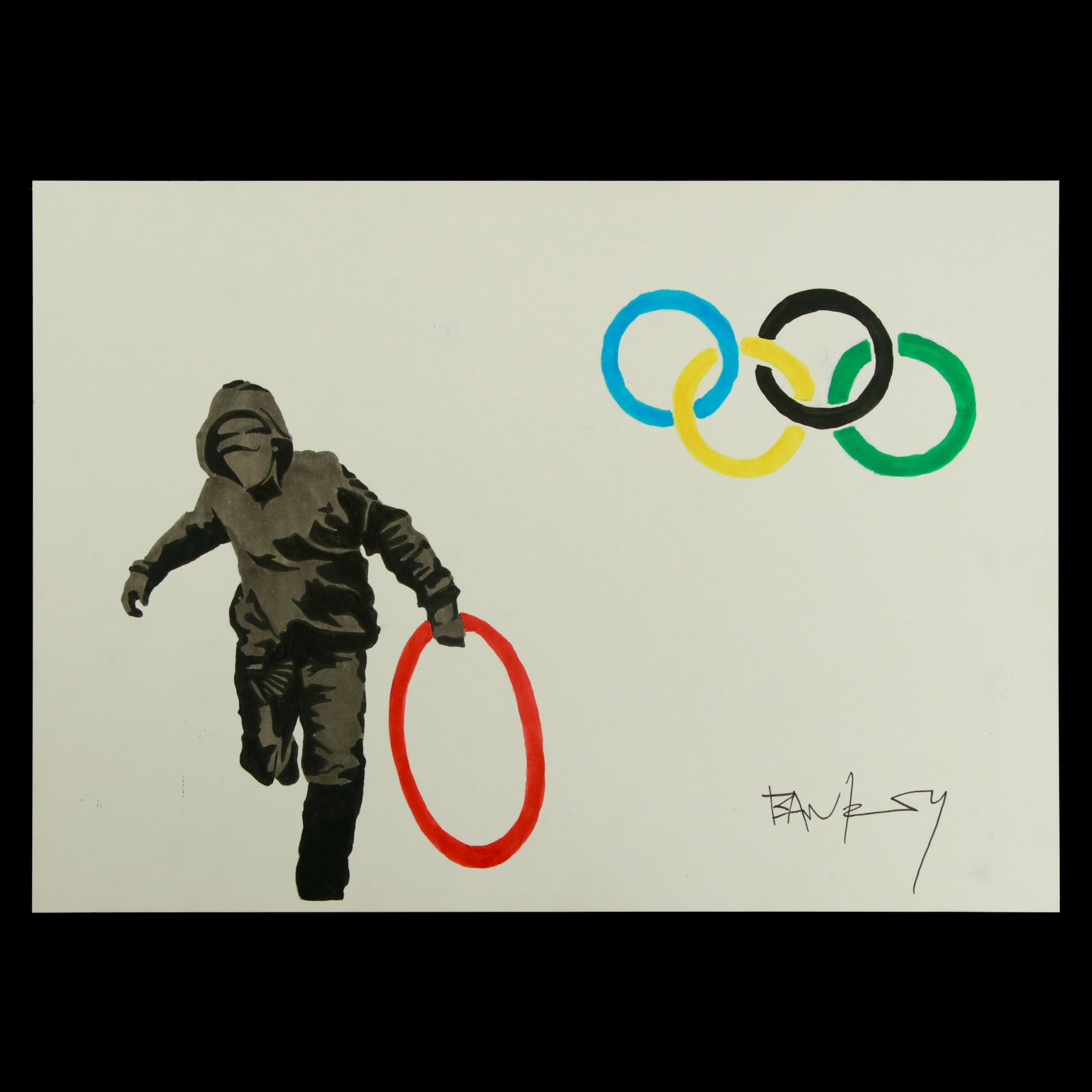 Banksy, "Olympic Circle Theft": Title: Banksy-Inspired Mixed Media Marker Drawing - "Olympic Circle Theft" Description: We are pleased to present a thought-provoking mixed media marker drawing, echoing the audacious style of Banksy.