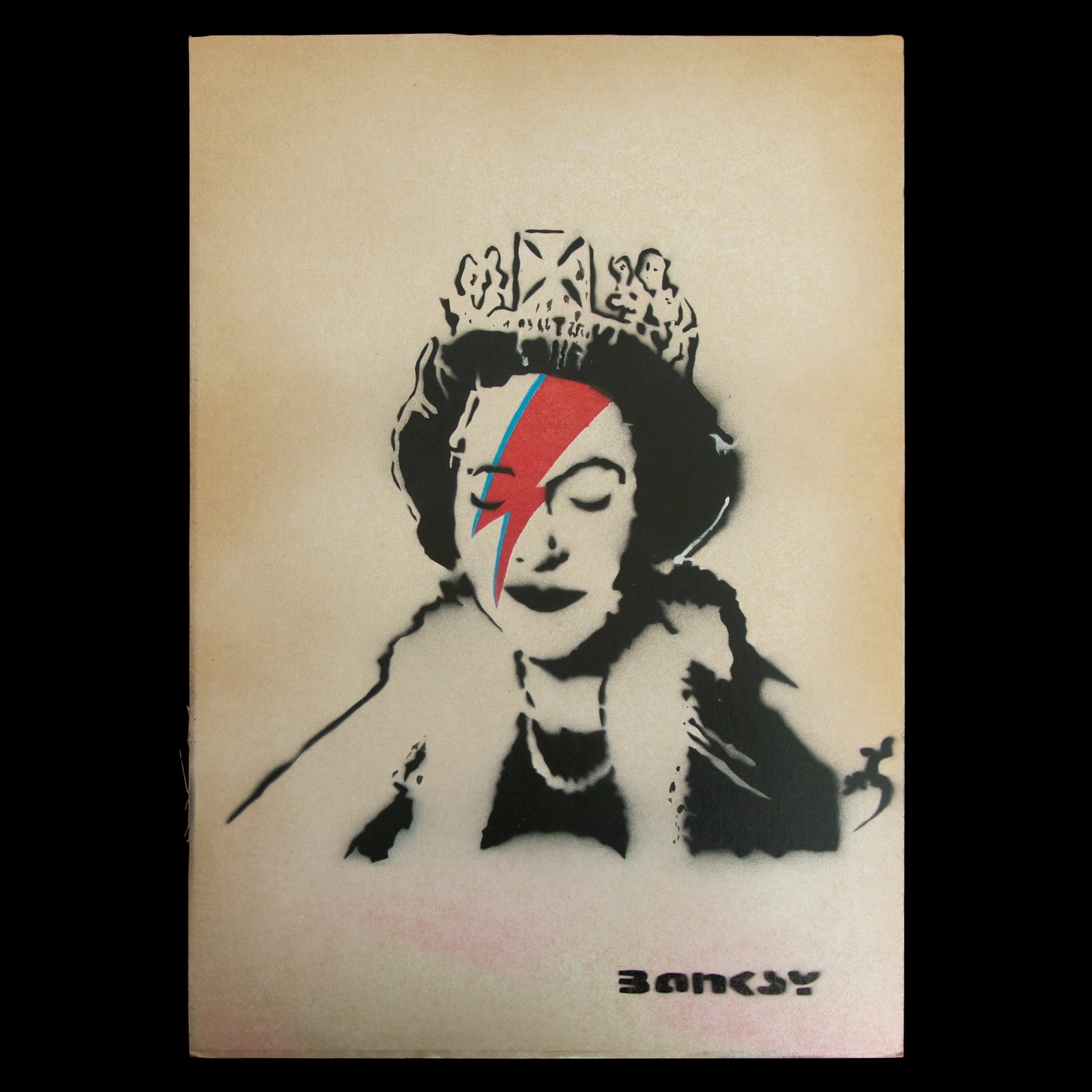Banksy Cardboard Artwork, "Regal Rebel" (after): Title: Visually Striking "After Banksy" Cardboard Artwork Title: "Regal Rebel" Artist: After Banksy Description: This vivid and culturally resonant piece of cardboard art measures 14 x 19.75 inches. T