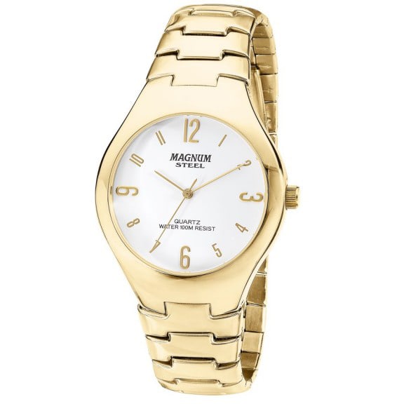 Introducing Magnum: Elegant 38MM golden stainless steel case: Introducing Magnum: Elegant 38MM golden stainless steel case, white dial, and precise analog mechanism powered by battery. Water-resistant up to 100M, with a stylish golden stainless steel strap and f