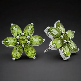 Large Peridot Flower Stud Sterling Silver Earrings