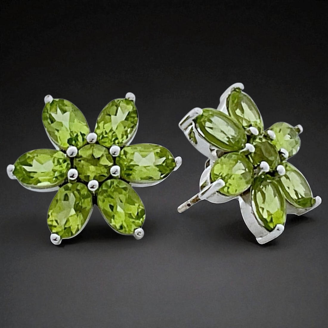 Large Peridot Flower Stud Sterling Silver Earrings (1 of 1)