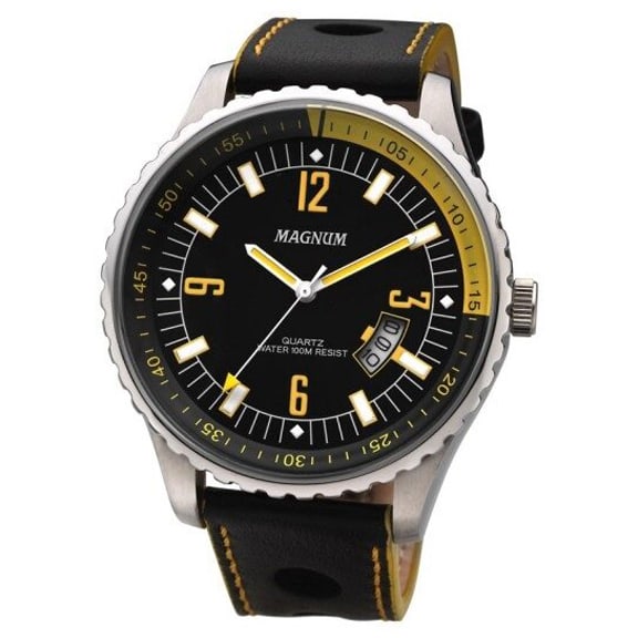 Magnum Racer: 42MM Men's Watch: Introducing Magnum: Sleek 42MM stainless steel case in silver, black dial, and precise analog mechanism powered by battery. Water-resistant up to 100M, with a stylish amarelo leather strap and secure 