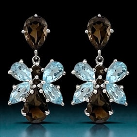 Stunning Blue Topaz & Smoky Quartz Sterling Silver Earrings