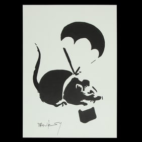 Banksy Mixed Media on Paper, "Parachuting Rat" (after)