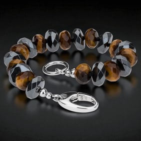Exquisite Tiger Eye and Hematite Sterling Silver Bracelet - 7.5"