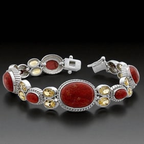 Red Coral & Citrine Sterling Silver Bracelet - 6.75"