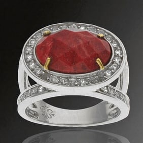 Faceted Coral & White Topaz Ring set in Sterling Silver