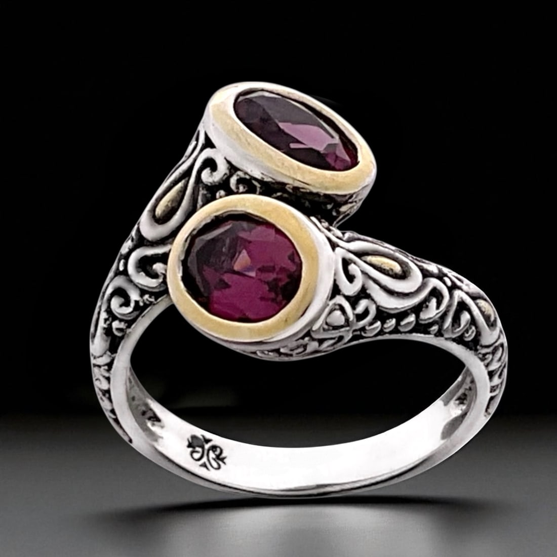 Rhodolite Garnet Twotone Sterling Silver Bypass Ring-Size 7.25 (1 of 1)