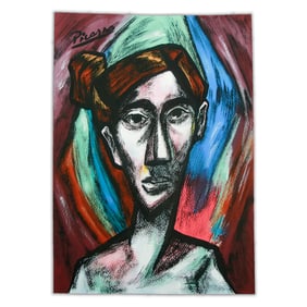 Picasso Mixed Media on Paper: "Picassoesque Portrait of a Woman"