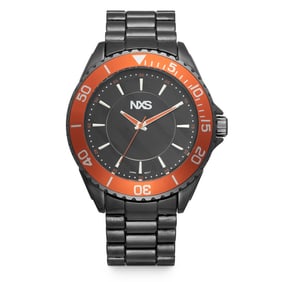 NSX Men's Watch – 49mm Case with Orange Bezel & Glossy Black Band