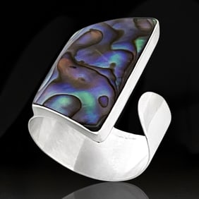 Artisan Geometric Abalone Cuff Sterling Silver Ring - Size 7