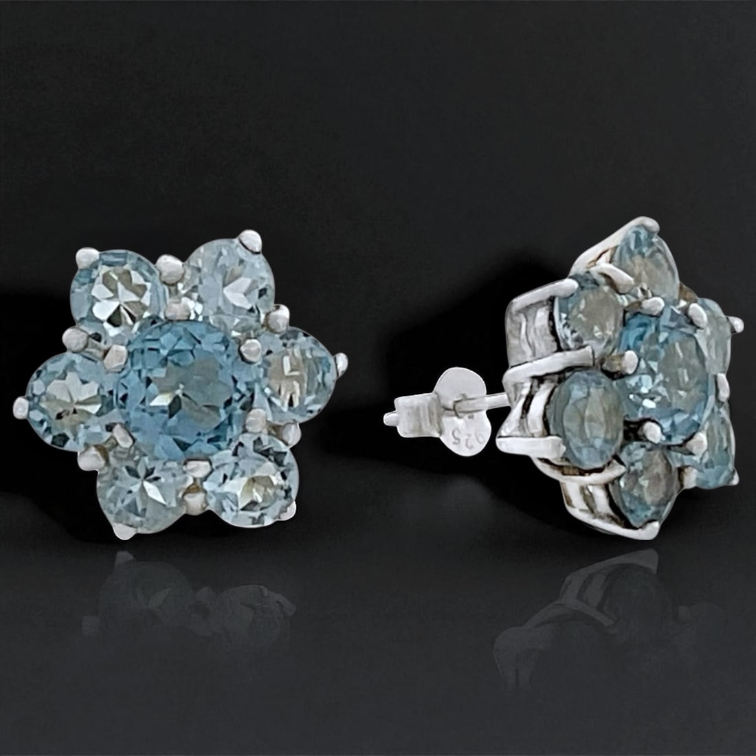 Sparkling Blue Topaz Sterling Silver Earrings: Product Details Item: Earrings Metal: Sterling Silver Gemstone: Blue Topaz Approximate Measurements: 15.3 mm X 13.8 mm Ring Size: Not Applicable Chain Length: Not Applicable Chain Metal:
