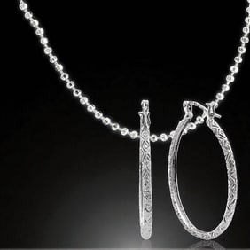 Silver Duo: Oval Hoop Earrings & Diamond Cut 18"Chain Combo