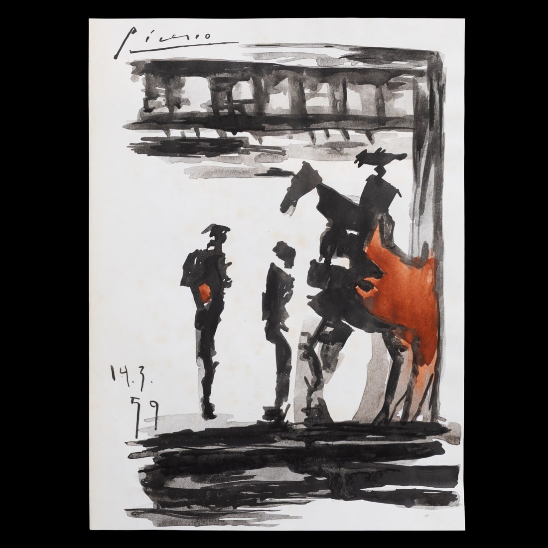 Pablo Picasso, "The Newbie," Ink on Paper (1959): Title: Pablo Picasso (Attr.) – Forensically Authenticated "The Newbie," 1959 Watercolor (described Galerie Tornabuoni label as ink on paper) Details: Sheet: 11 x 8 in (28 x 20.3 cm) Description: We 