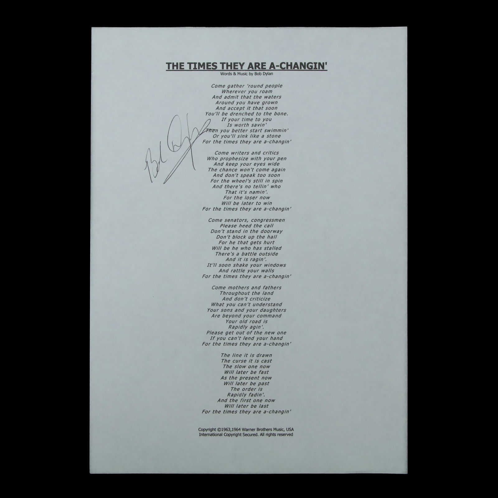 Bob Dylan Signed Lyrics Sheet, "The Times They Are A-Changin'" (1 of 5)
