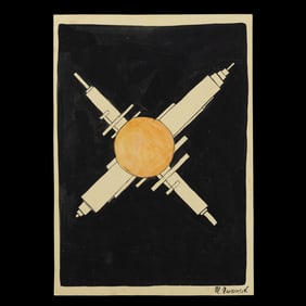 Ilya Chasnik Mixed Media on Paper Intersecting Spheres with Orange Center