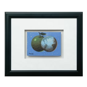 Surrealist Rene Magritte Painting on Board, "Celestial Encounter," (after) c. Mid-20th Century