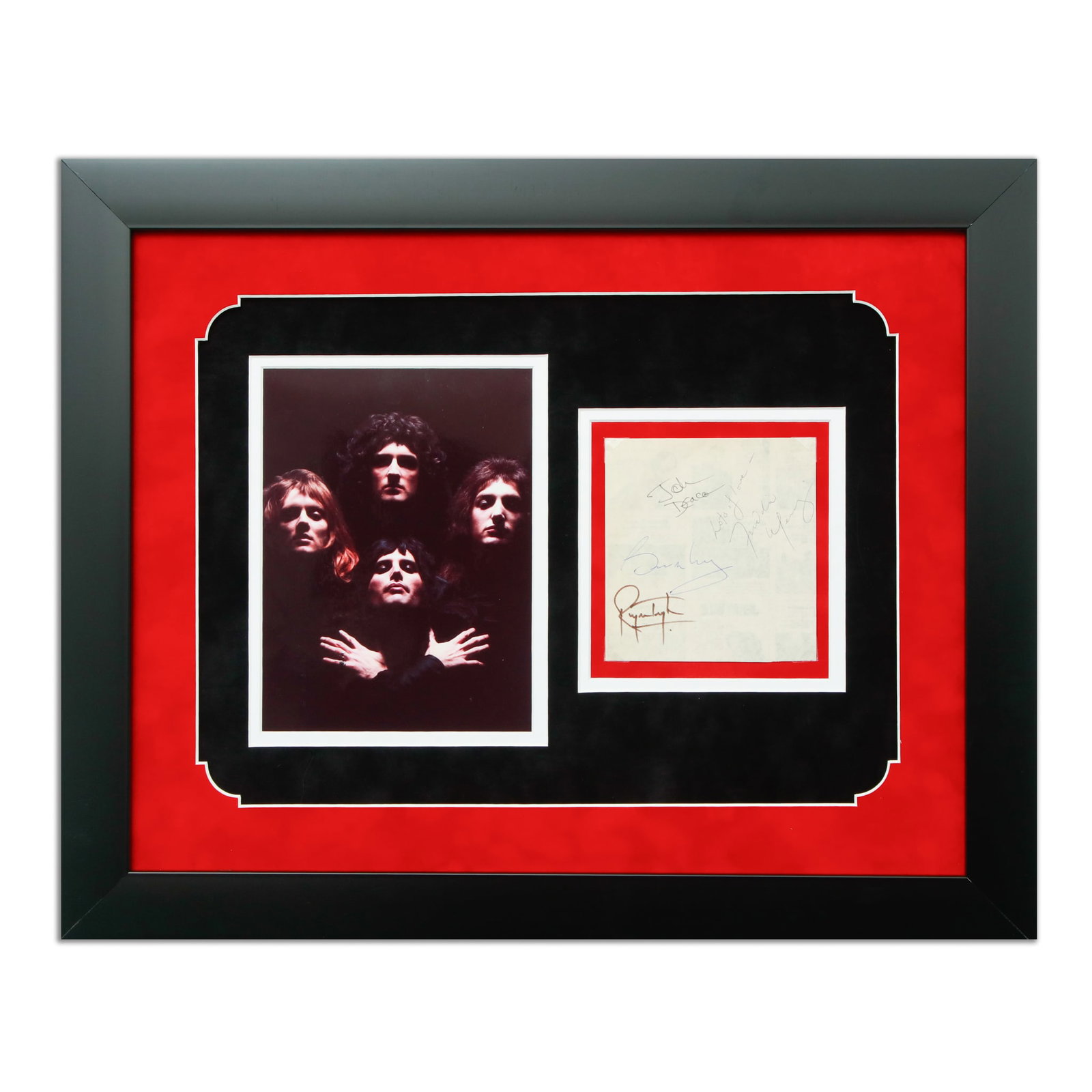 Authenticated Document Signed by All Members of Queen: Title: Authenticated Document Signed by All Members of Queen Item Details: A unique and forensically authenticated document autographed by all four members of the iconic rock band Queen: Freddie Mercu