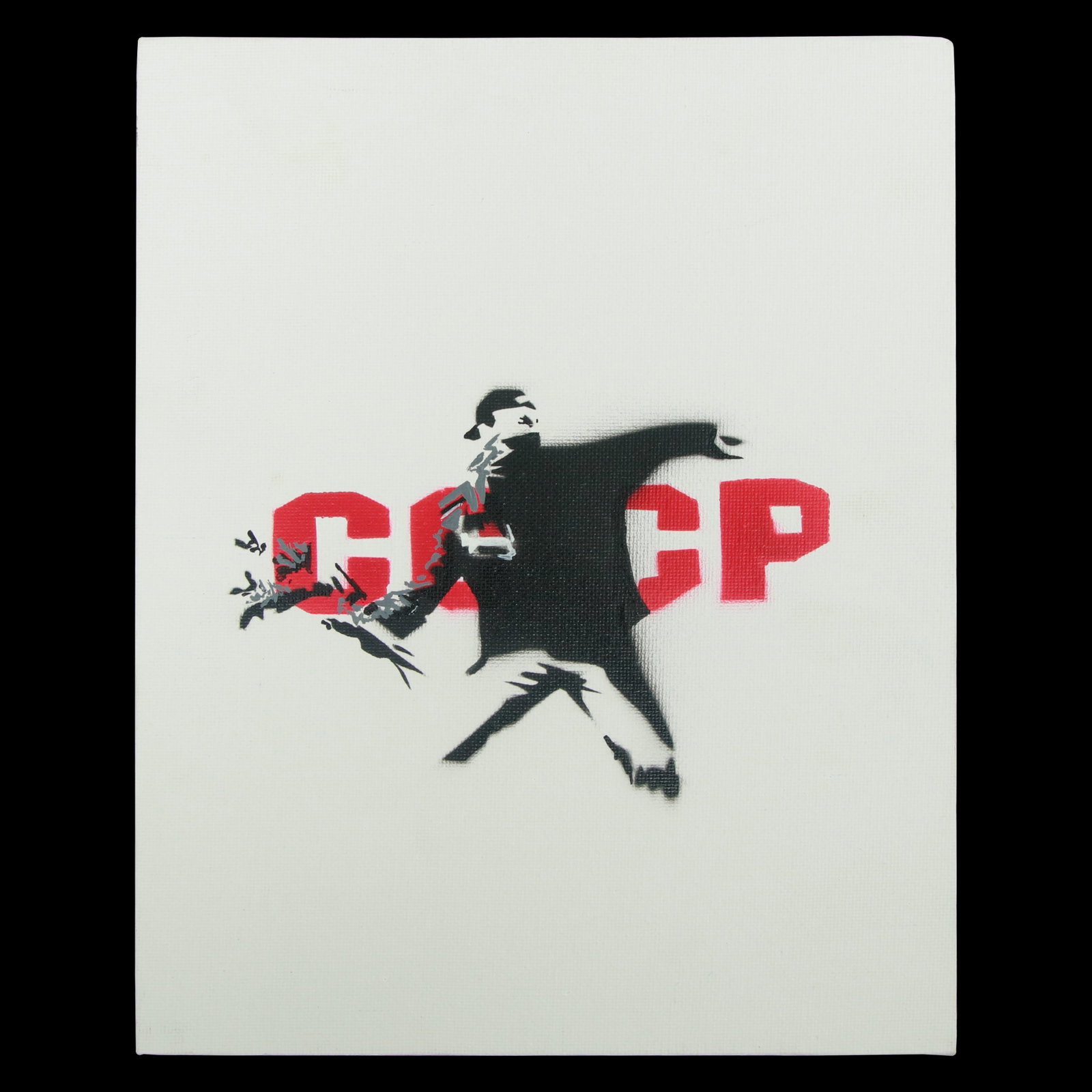 Banksy "Flower Thrower" on White Canvas Board with CCCP Background, 2005: Title: Banksy "Flower Thrower" on White Canvas Board with CCCP Background, 2005 Overview: Presented at auction is a compelling rendition of one of Banksy's most iconic images, "Love is in the Air," al
