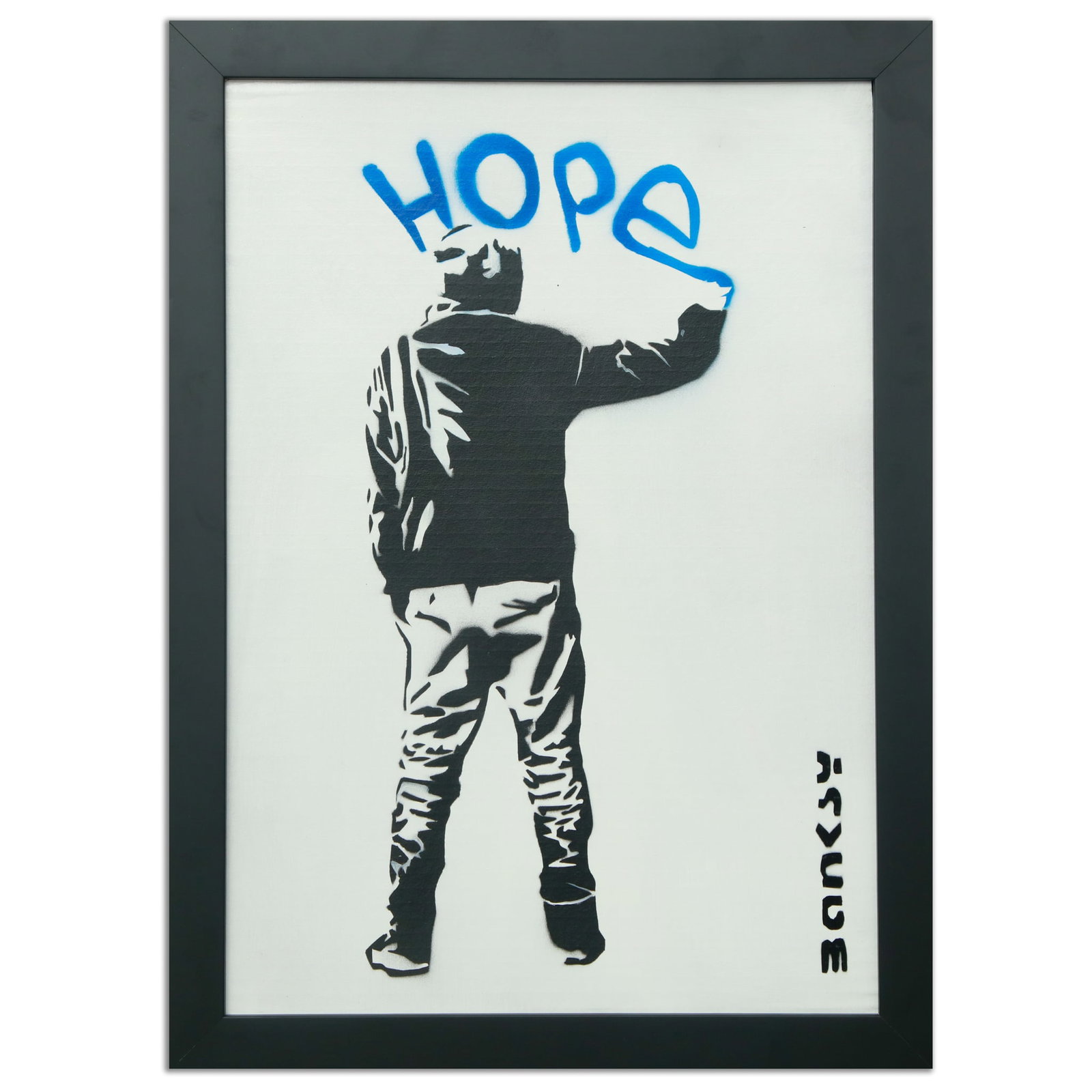 Expressive Banksy Cardboard Artwork "Spray of Hope" (after): Title: Expressive "After Banksy" Cardboard Artwork Title: "Spray of Hope" Artist: After Banksy Description: This emotionally charged and visually compelling piece of cardboard art, dimensions 14 x 19.