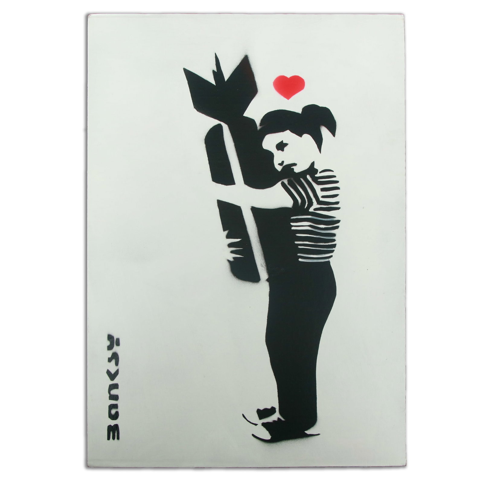 Provocative Banksy Cardboard Artwork "Embrace of Destruction" (after): Title: Provocative "After Banksy" Cardboard Artwork Title: "Embrace of Destruction" Artist: After Banksy Description: This compelling piece of cardboard art measures 19.75 x 14 inches and eloquently c