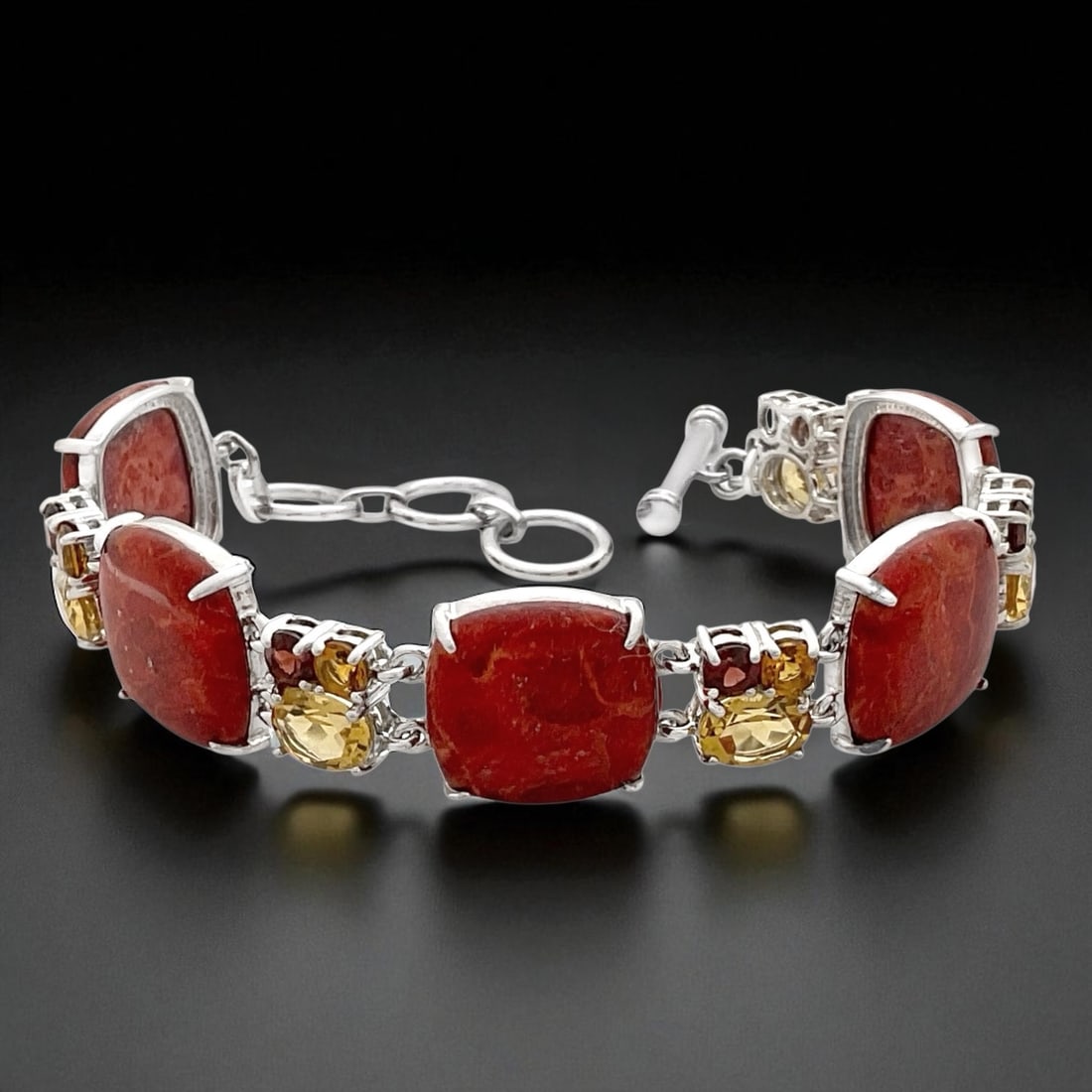 Coral Sterling Silver Bracelet with Citrine & Garent Gems - 7" up to 7.75" (1 of 1)