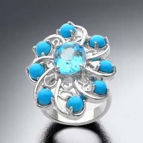 3.42cttw Blue Topaz & Sleeping Beauty Turquoise Silver Ring – Size 7