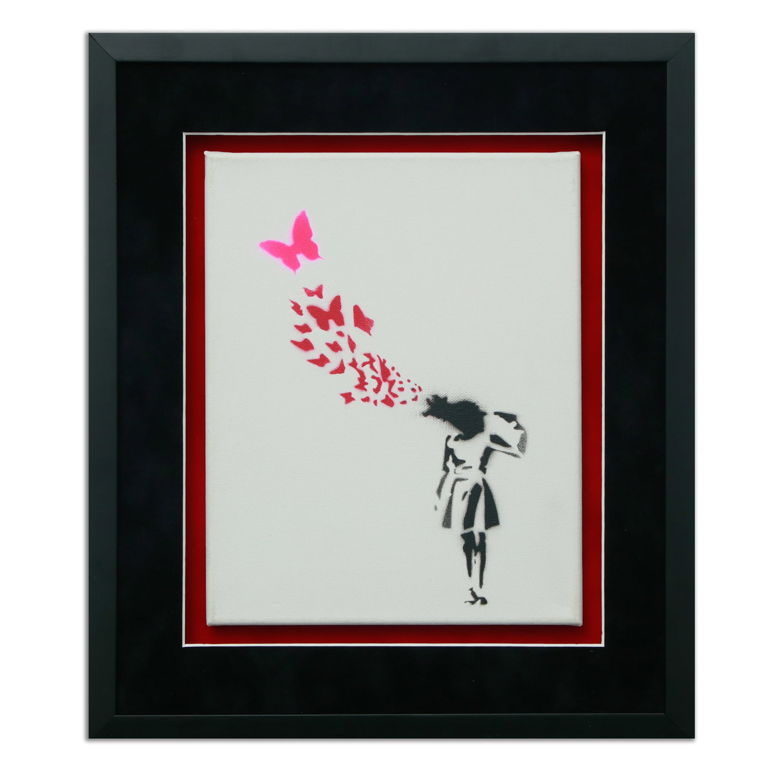 Banksy Canvas, "Butterfly Headshot" or "Butterfly Girl Suicide" (after): Title: Attributed to Banksy (British, b. circa 1974) "Butterfly Headshot" (also known as "Butterfly Girl Suicide") Description: Canvas on Stretcher Frame We are privileged to offer an exceptional piec